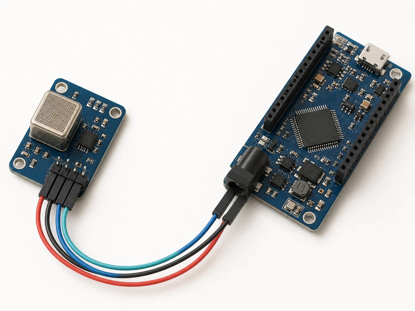 Sensor module wired to a development board with clearly grouped signal connections